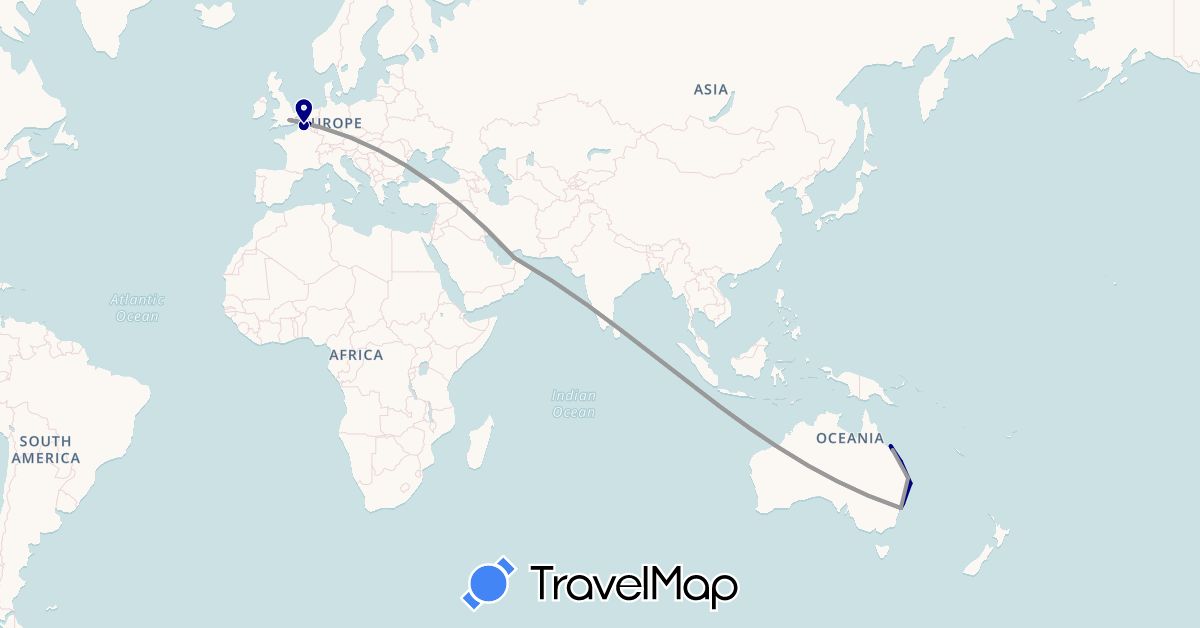 TravelMap itinerary: driving, plane in United Arab Emirates, Australia, Belgium, France, United Kingdom (Asia, Europe, Oceania)